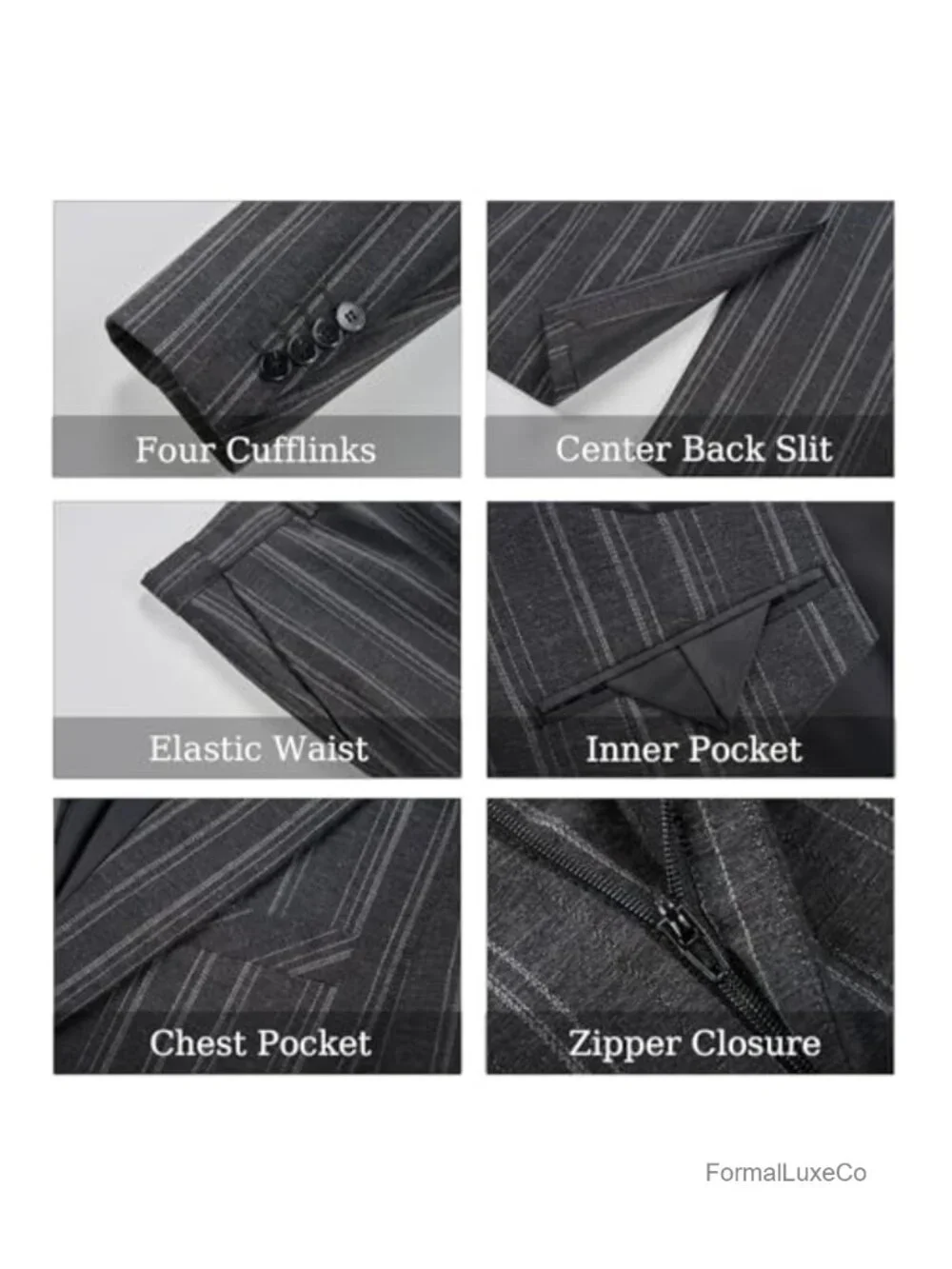 3 Piece Pinstripe Suit for Men Slim Fit Tuxedo Single Breasted Dress Set Wedding